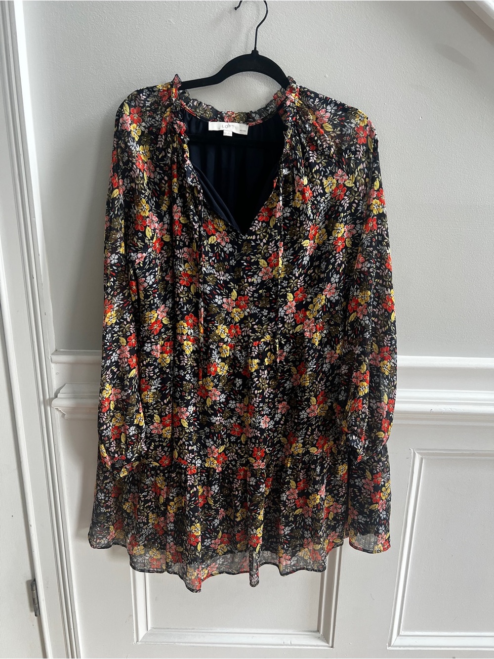 LOFT Petites Floral Chiffon Mini Dress LP Long Sleeve Boho Black